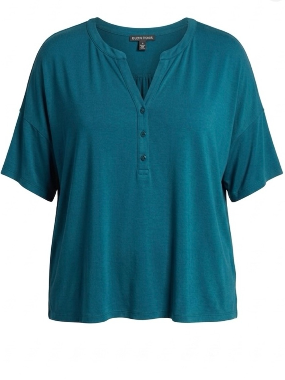 Eileen Fisher 1X Teal Tencel Lyocell Henley Top Short Sleeve Plus Size EUC